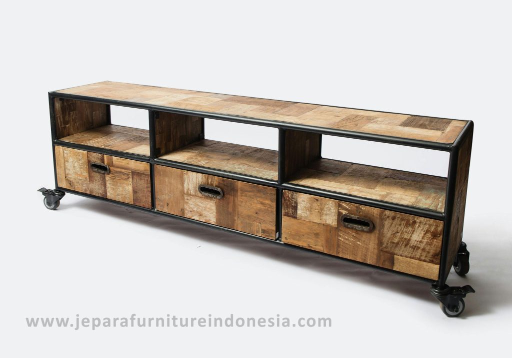 TV Cabinet Recycle Teak Furniture Combine with Iron Industrial Cabinet